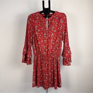 Harlowe & Graham Boho Red Paisley Bell Long Sleeve Mini Dress Small